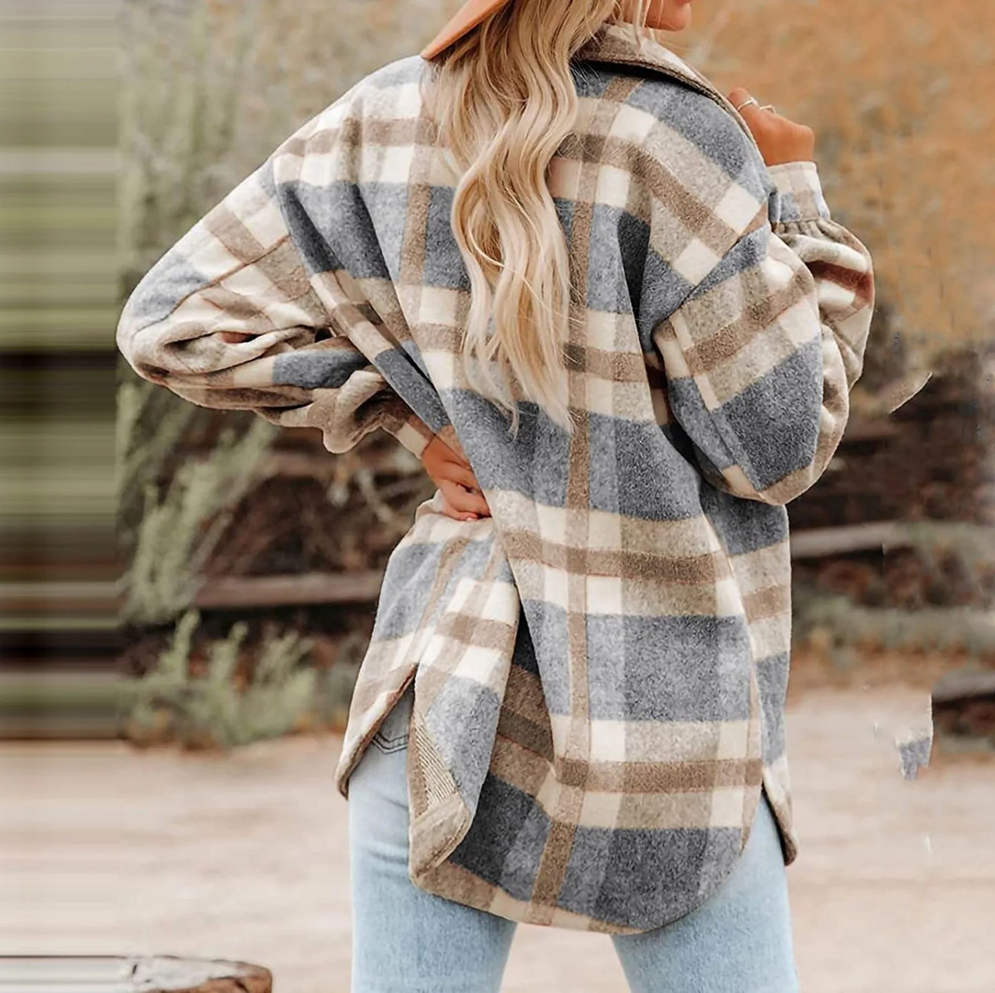 2025 Women Plaid  Jacket  Double Pocket Design Loose Fall Clothes