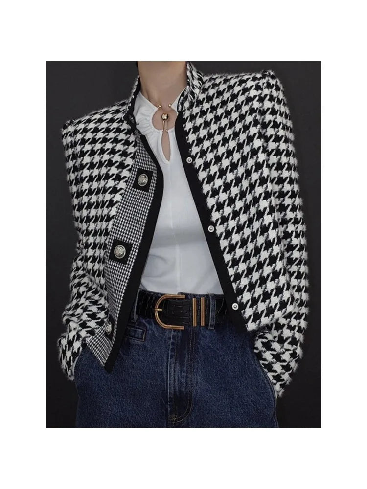 l Women's Houndstooth Outerwears & Jacket Stand Collar