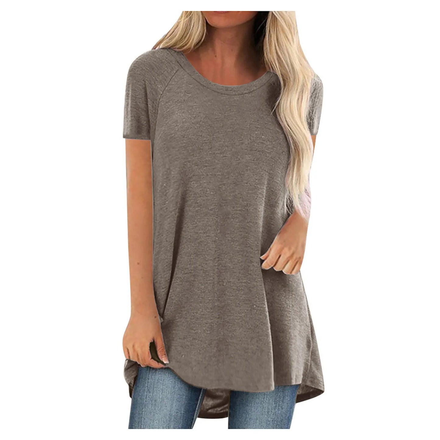 Plus Size 2025 Tunic Long Shirts Round Neck Short Sleeve Casual Blouse