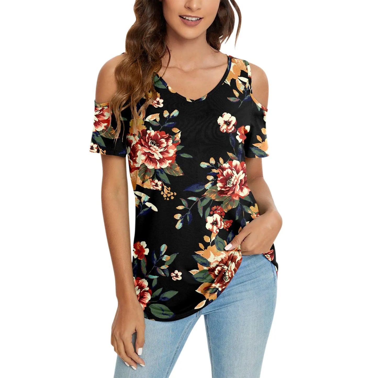 Flower Top Cold Shoulder Summer Short Sleeve