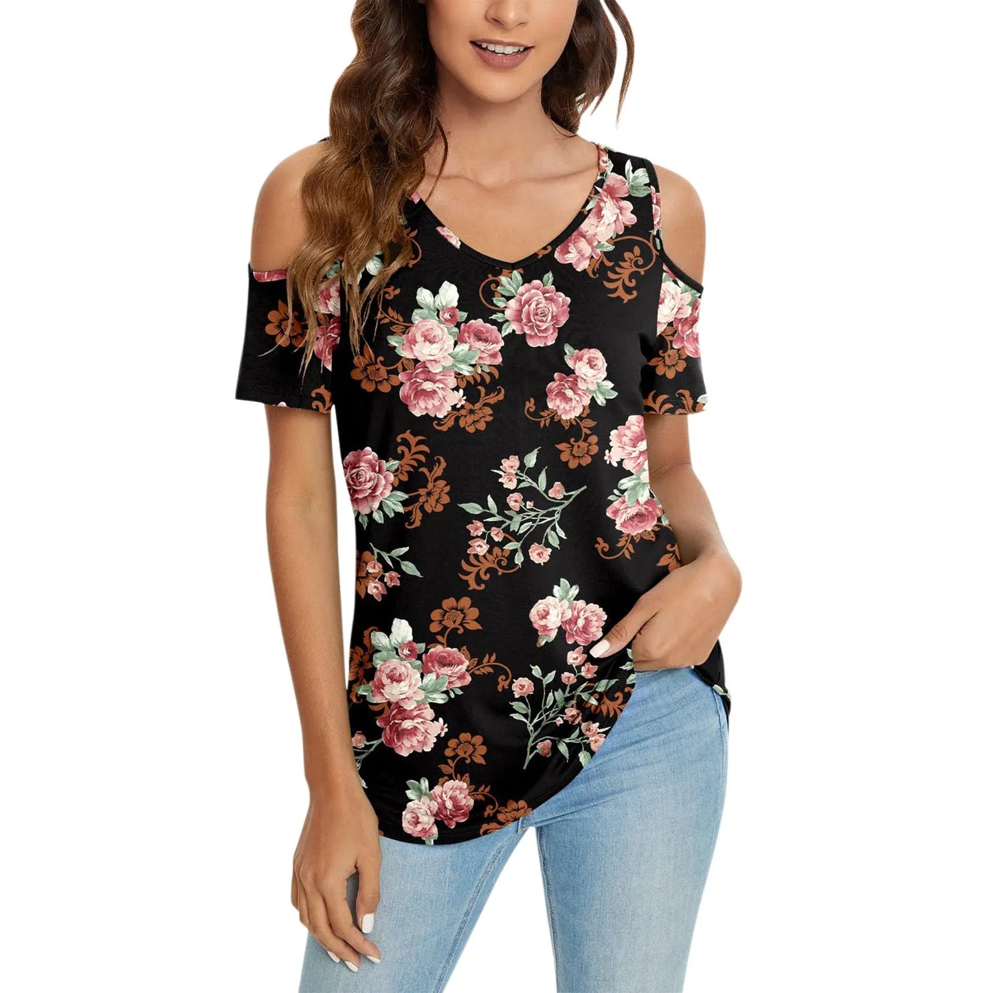 Flower Top Cold Shoulder Summer Short Sleeve