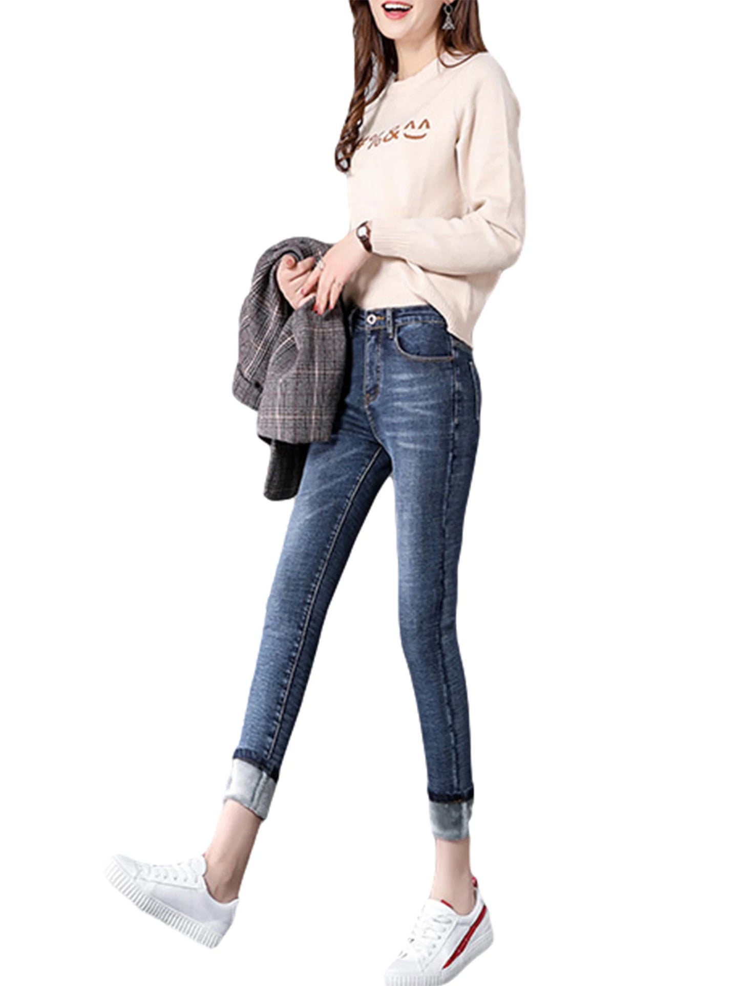 Warm Fleece-Lined High Waisted Jeans (Black Dark Blue Light Blue)