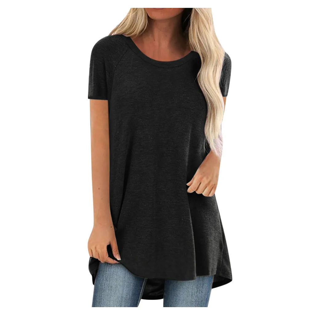 Plus Size 2025 Tunic Long Shirts Round Neck Short Sleeve Casual Blouse