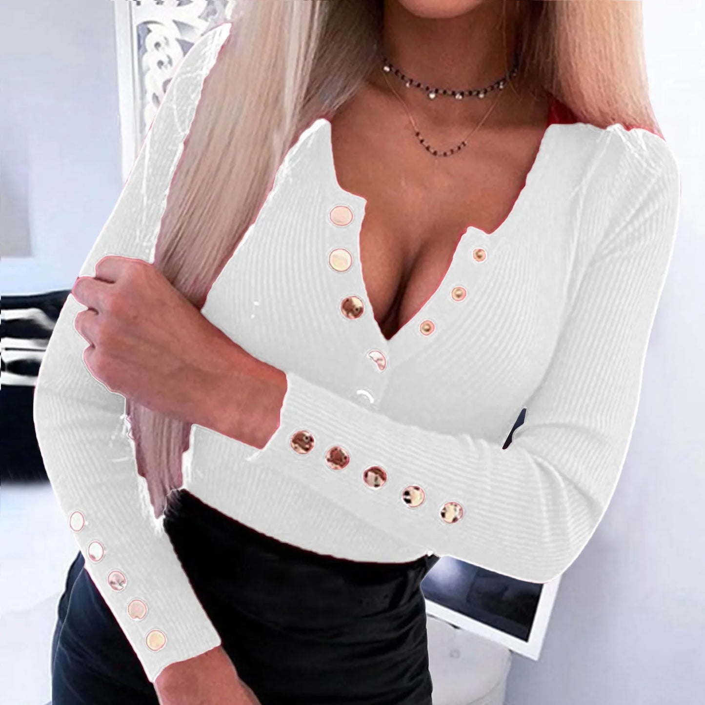 Fashion Knit Blouse Cross Bandage Off Shoulder Long Sleeve Low-cut Top V Neck