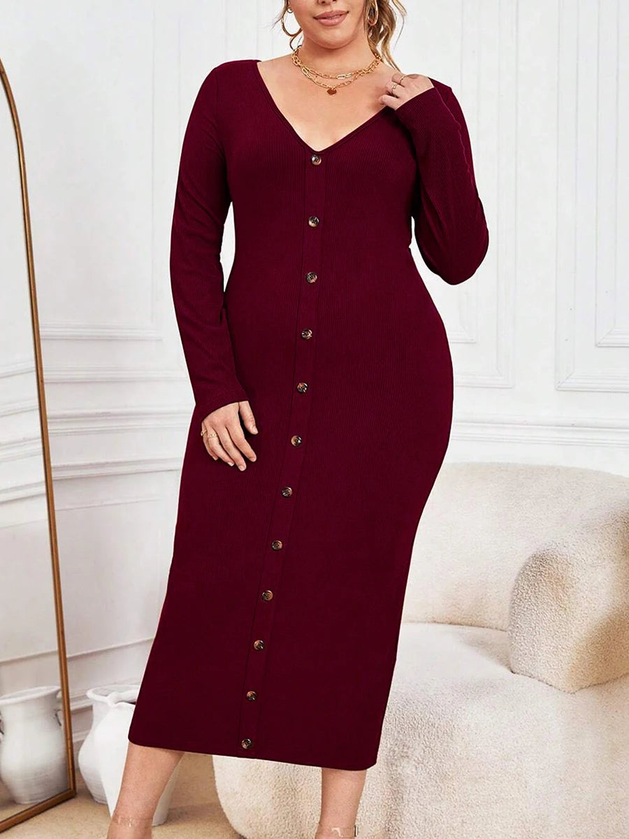 Elegant Women s Ribbed Knit Maxi Dress with Long Sleeves and V-Neckline