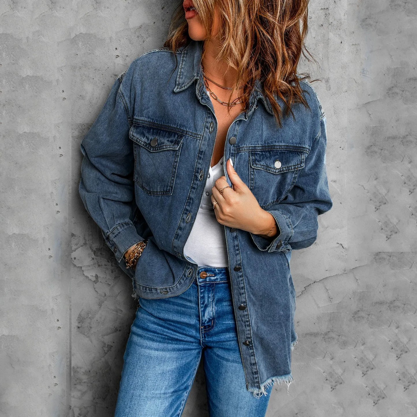 Women’S Denim Jackets Ripped Hem Gray Jeans