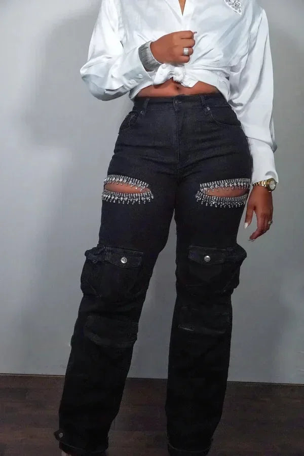 Cutout Crystal Straight Denim Pants 2025