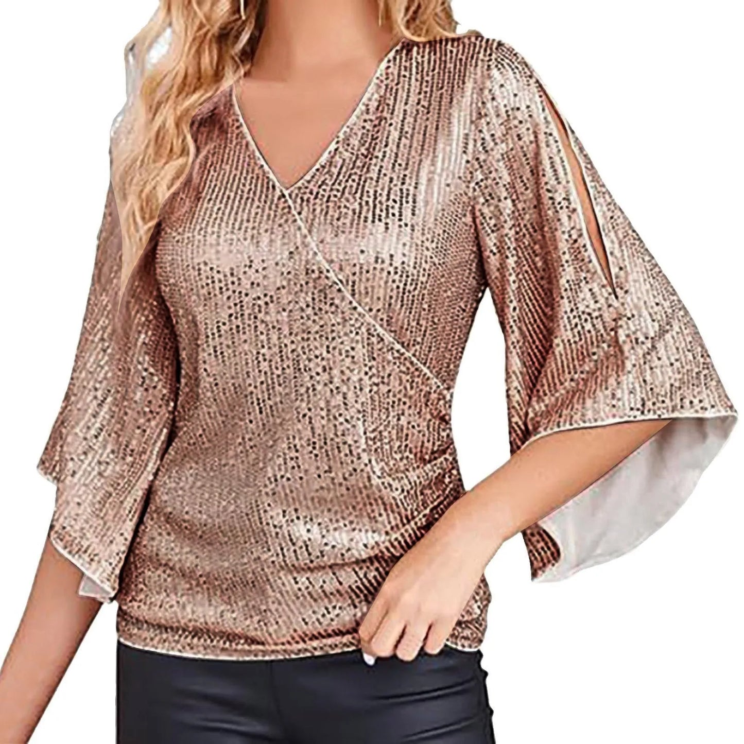 Sequin Tops 3/4 Sleeve Glitter Sparkly Party Blouse V Neck