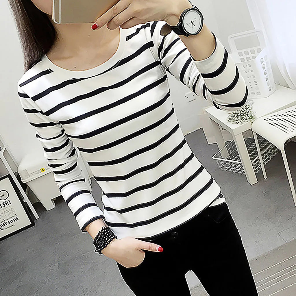 Striped T-shirt Long Sleeve Casual Round Neck