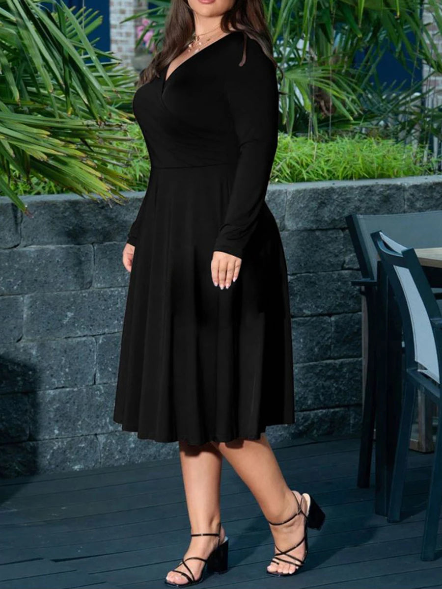 Elegant Women s V-Neck Long Sleeve Midi Dress