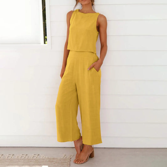 Casual Linen 2 Piece Pants Set Suit Sleeveless Wide Leg