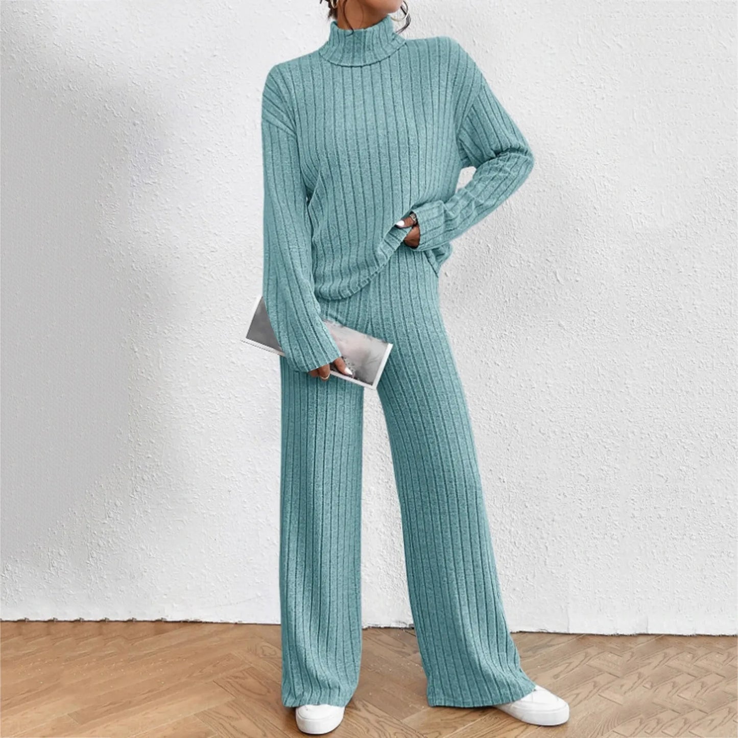 Turtleneck Sweater Tops With Pants 2 Piece Set