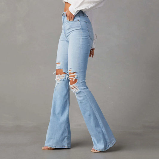 Women Ripped Flared Jeans Mid Waist Wide Leg