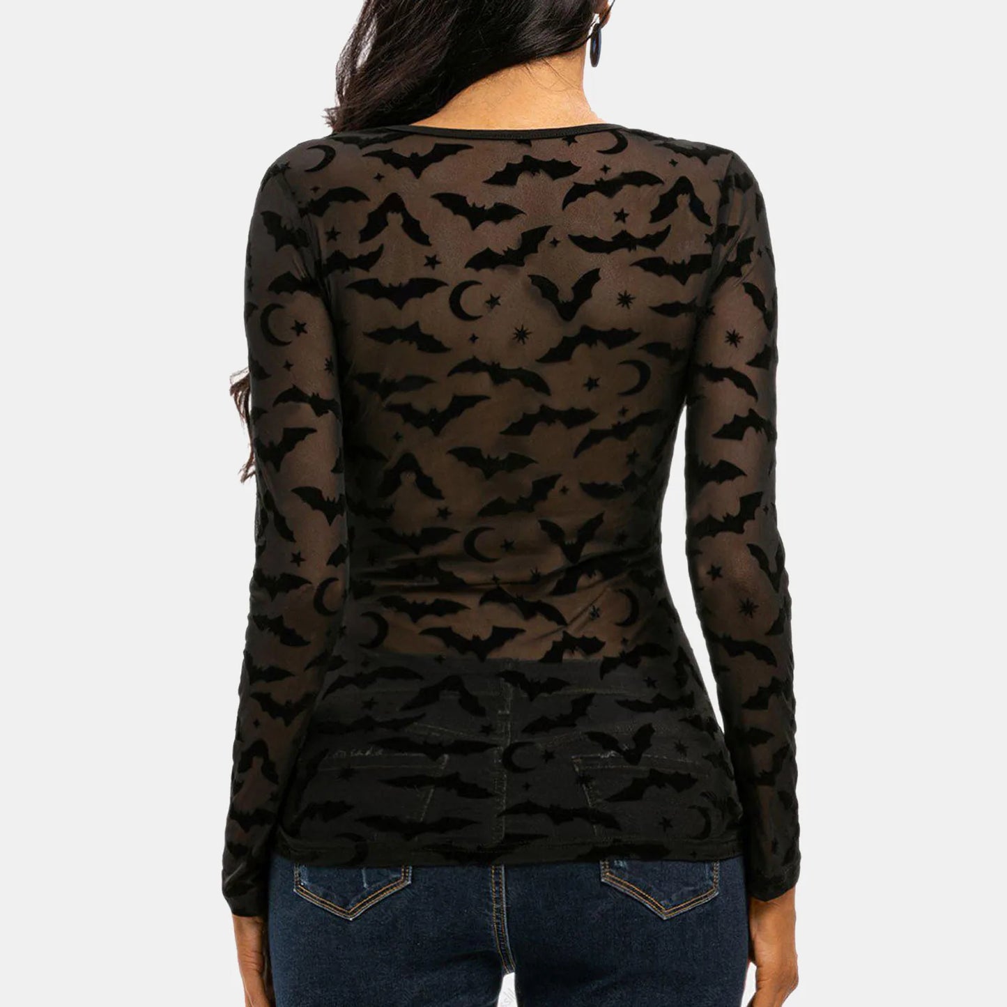 2025 Halloween Bat Mesh Long Sleeve See Through Slim