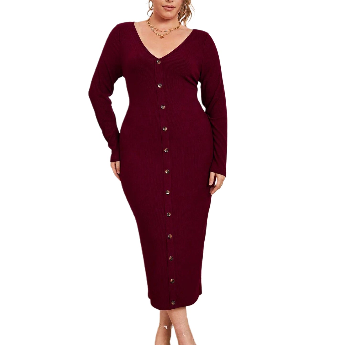 Elegant Women s Ribbed Knit Maxi Dress with Long Sleeves and V-Neckline