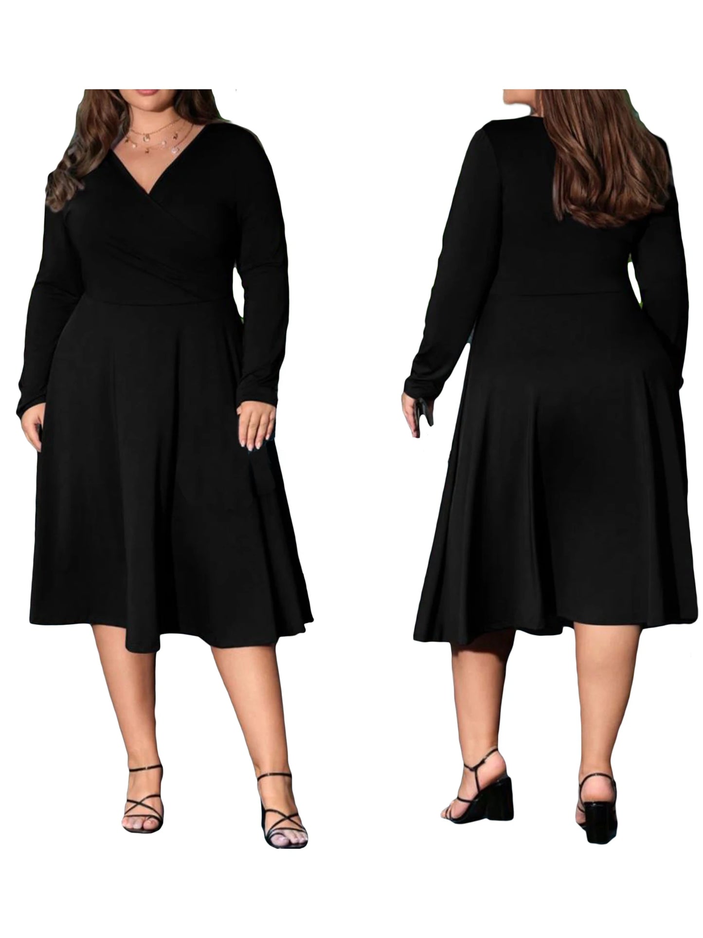 Elegant Women s V-Neck Long Sleeve Midi Dress