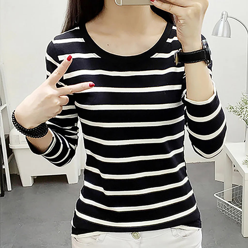 Striped T-shirt Long Sleeve Casual Round Neck