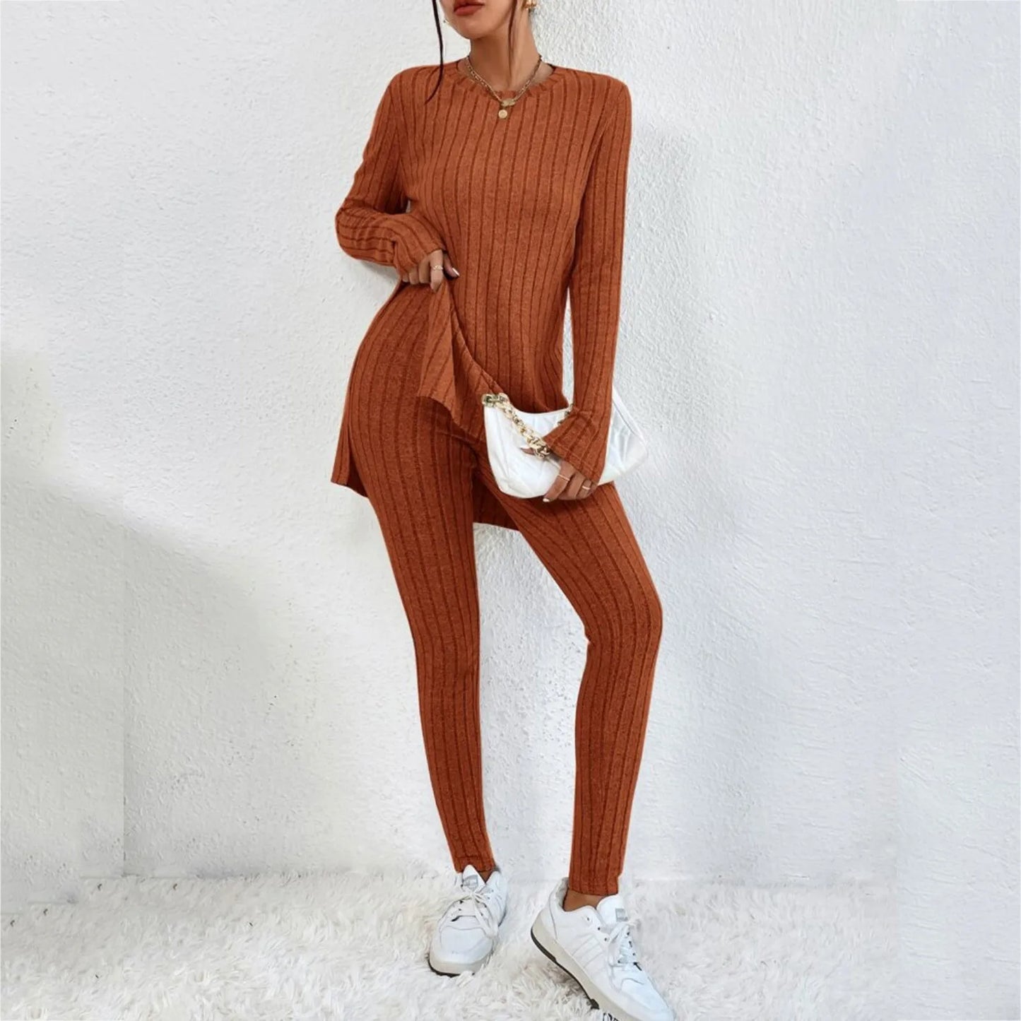 Winter 2 Pieces Set Women Knitted Long Sleeve O Neck Tops