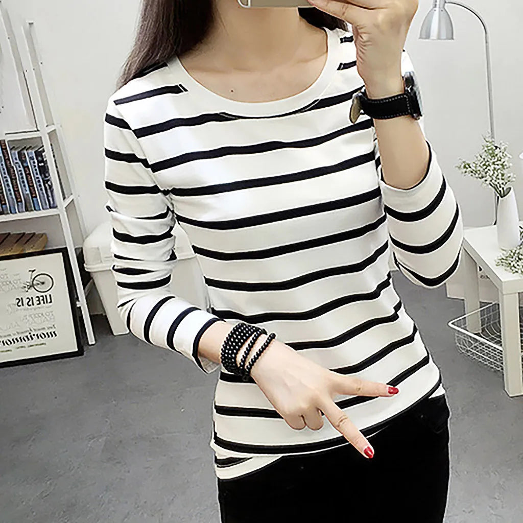 Striped T-shirt Long Sleeve Casual Round Neck