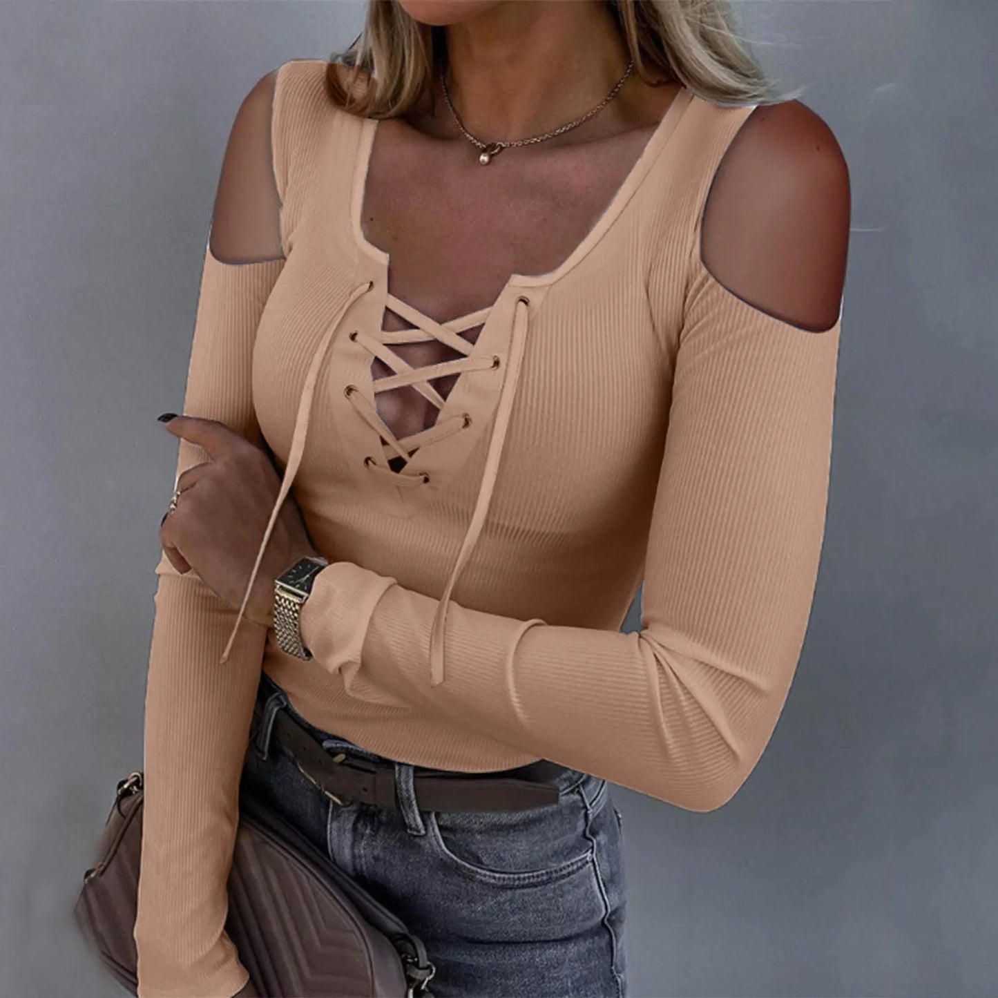 Fashion Knit Blouse Cross Bandage Off Shoulder Long Sleeve Low-cut Top V Neck