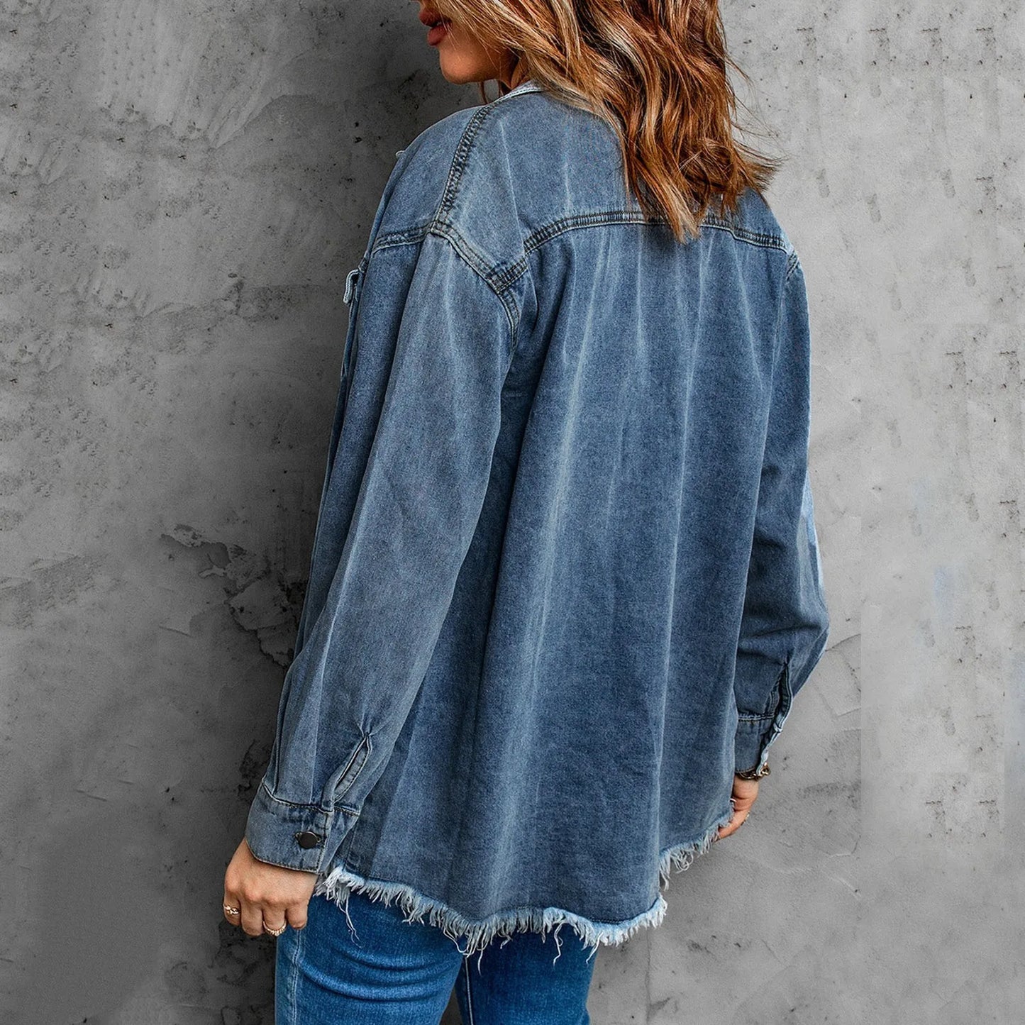 Women’S Denim Jackets Ripped Hem Gray Jeans