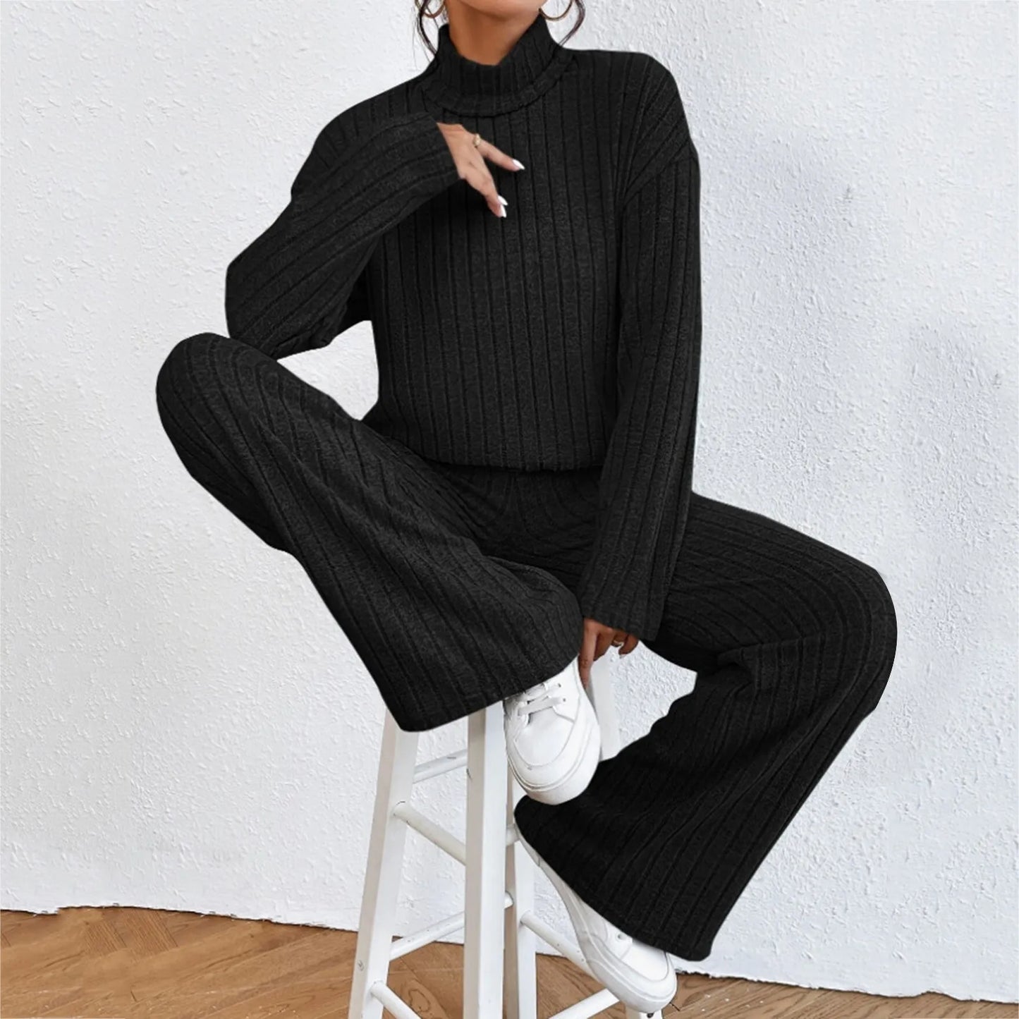 Turtleneck Sweater Tops With Pants 2 Piece Set