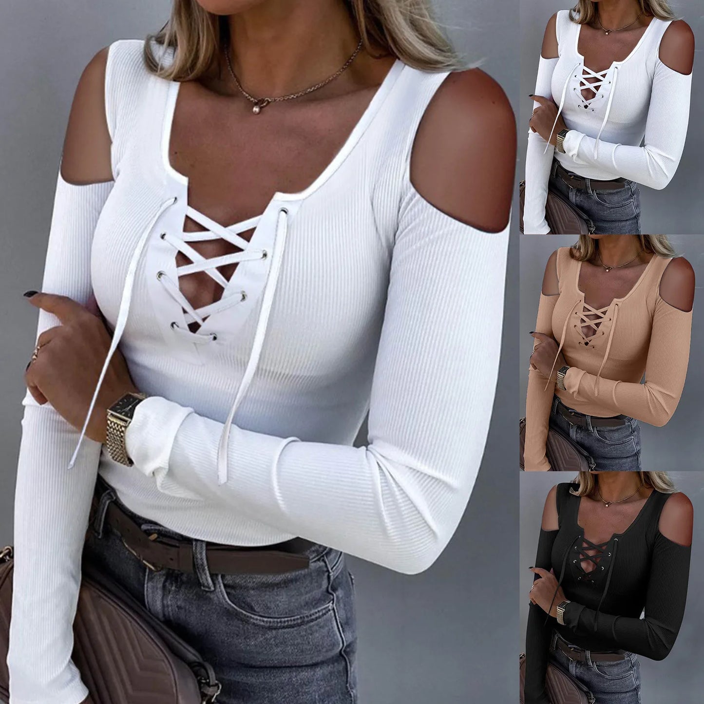 Fashion Knit Blouse Cross Bandage Off Shoulder Long Sleeve Low-cut Top V Neck