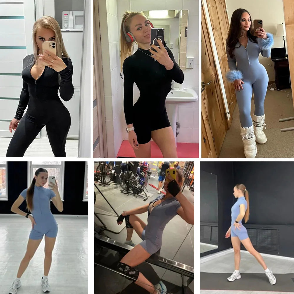 Summer Zipper Workout Jumpsuit Sports Overalls Women Gym Clothing Running Fitness Suits Gym Tracksuit Short Sportswear Yoga Set