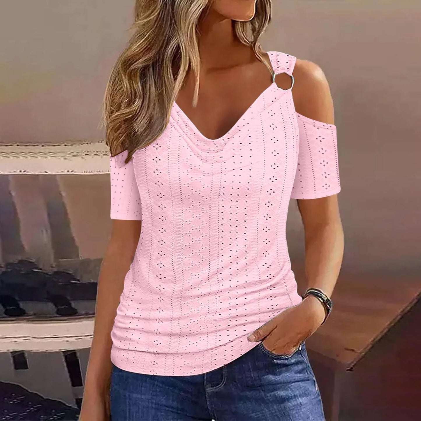 Short Sleeve T-Shirt Slight Strech Slim V-Neck Blouse