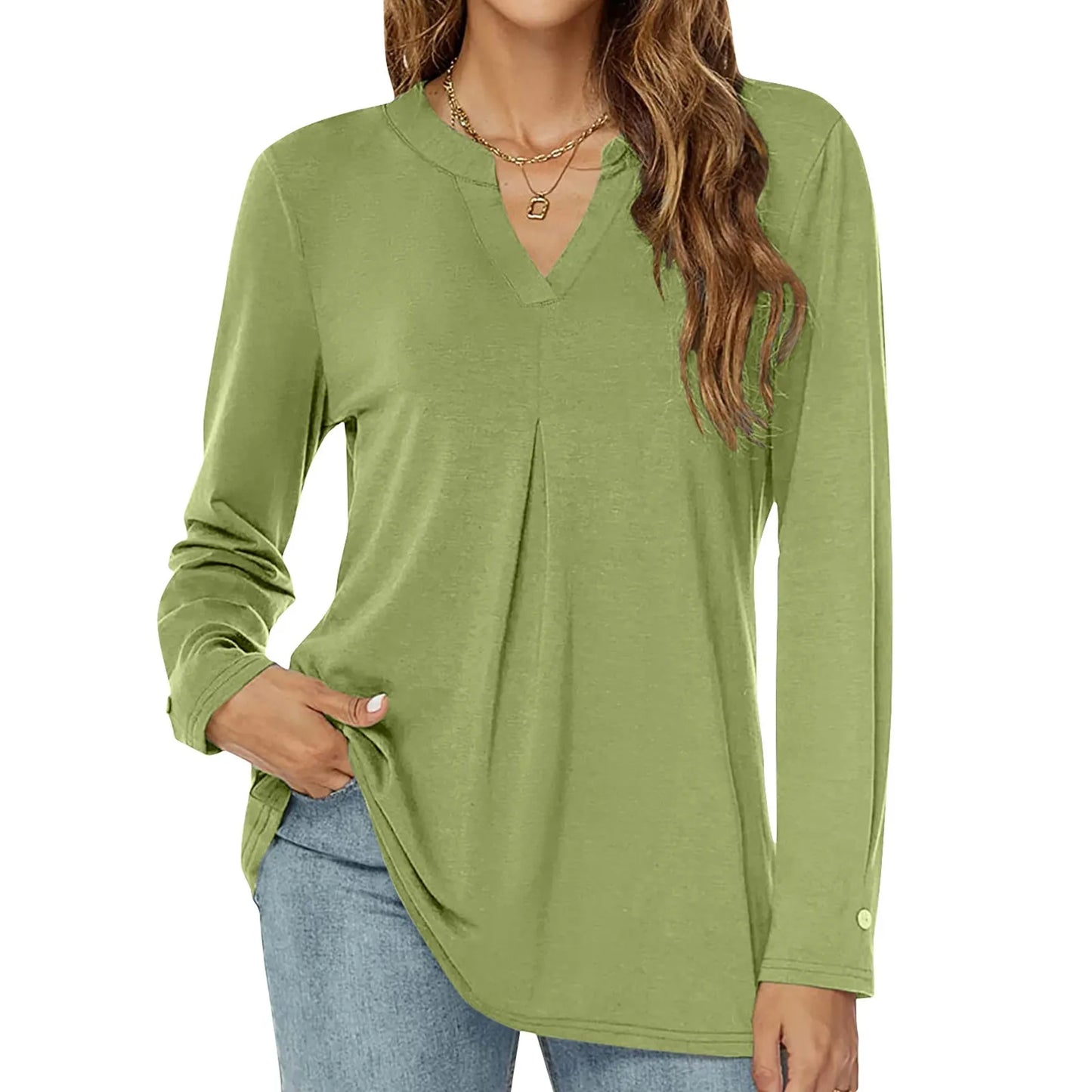 Loose Long Sleeve T-shirt V-Neck Solid Color