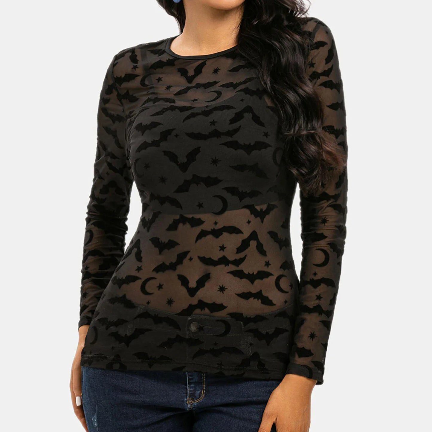 2025 Halloween Bat Mesh Long Sleeve See Through Slim