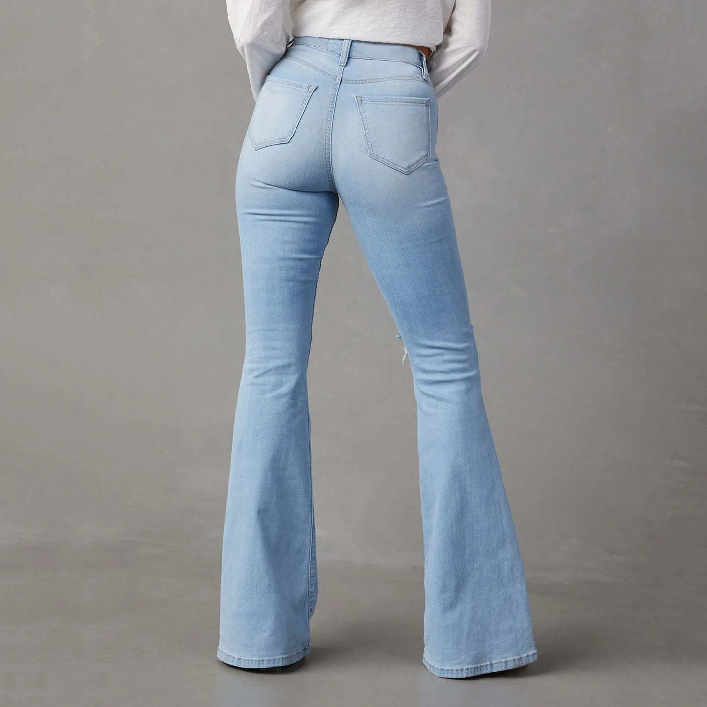 Women Ripped Flared Jeans Mid Waist Wide Leg